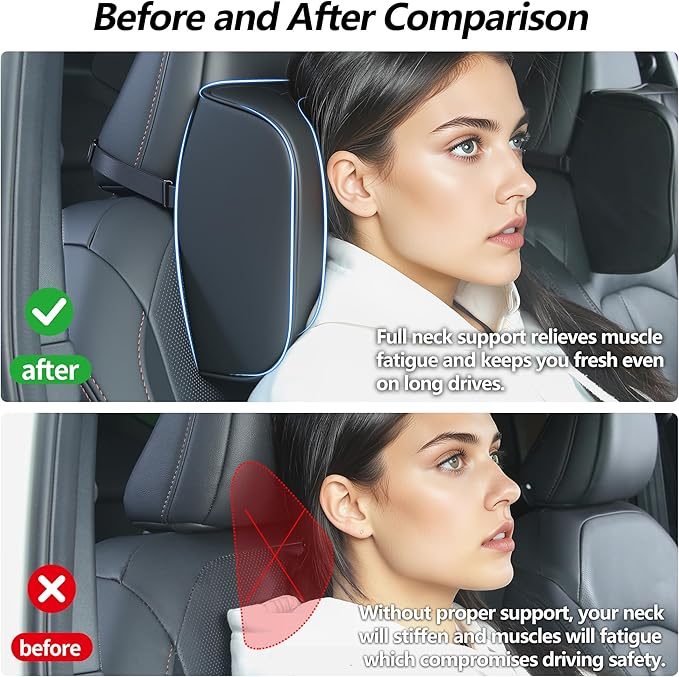 Car Headrest Pillow U-Shaped, Memory Foam Head Neck Support Cushion for Driving, Leather Head Rest Travel Pillows for Sleeping, Breathable Removable Cover, Black, 1 Pack