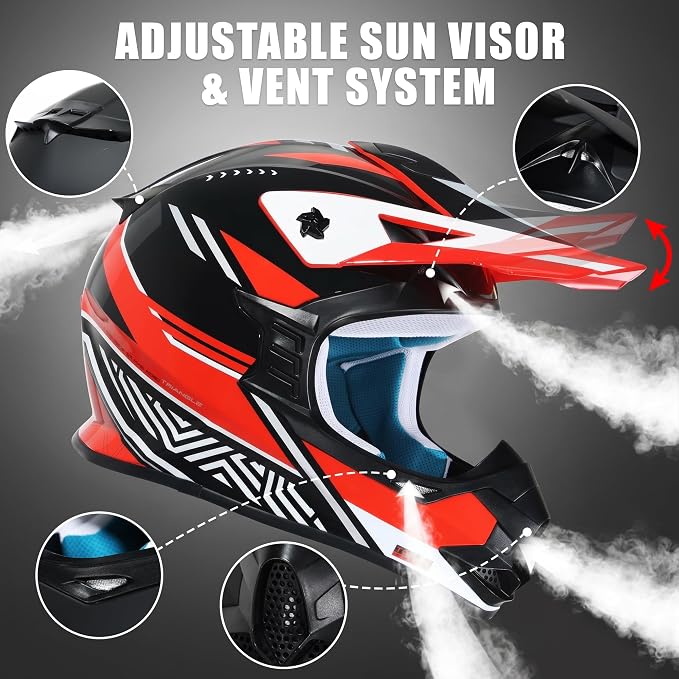 TRIANGLE Adult Dirt Bike Helmet Full Face Motorcycle Helmets with Adjustable Goggles & Gloves - DOT/FMVSS-218 Certified Motocross Helmet for Off-Road ATV BMX UTV