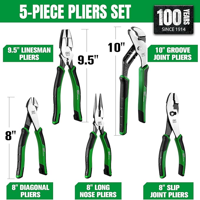 SK 5-Piece Pliers Set, 8" Needle Nose & Slip Joint & Diagonal Pliers, 9.5" Linesman, and 10" Groove Joint, CR-V Construction, Anti-slip Handle, with Rolling Pouch
