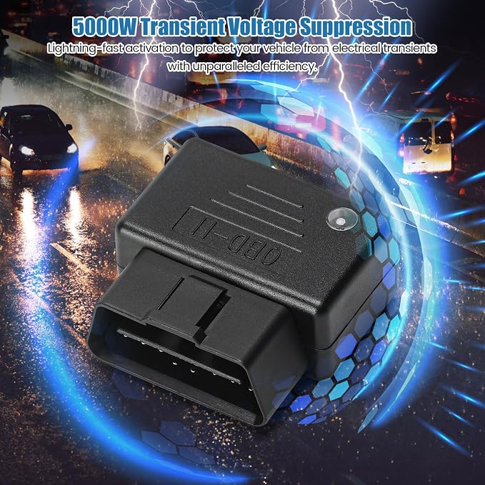 Plug-and-Play EMP Vehicle Protection with Indicator Light, Lightning Solar Flare and Surge Protection, Compatible with 12V DC OBDII Receptacle
