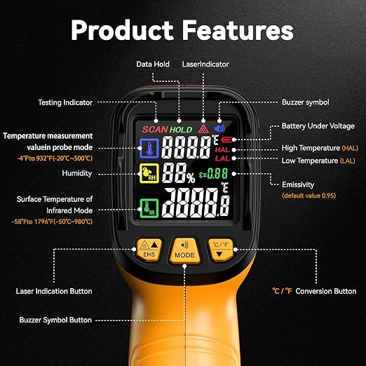Infrared Thermometer Gun, Dual Mode, 50:1 D/S | -58°F-1796°F Surface Reading,-4°F to 932°F K-Type Probe, 13-Point Laser Accuracy, Humidity Monitoring, For HVAC & Pizza Ovens