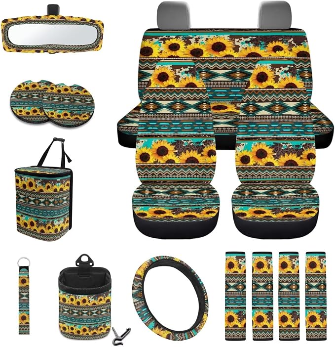 Wanyint Aztec Sunflower Blue Car Seat Cover Set 15 PCS, with Steering Wheel Cover Seat Belt Cushion Pad Garbage Bag Air Vent Pocket Rearview Mirror Cover Coasters Keychain for SUV Trucks Vans Sedans