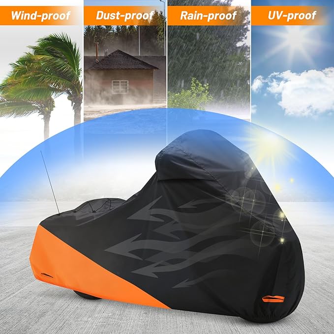 Waterproof Motorcycle Cover for Touring Models Made for Harley Davidson Road King Road Glide Street Glide Electra Glide Low Rider-ST Indoor & Outdoor All Weather Protection (Black & Orange)