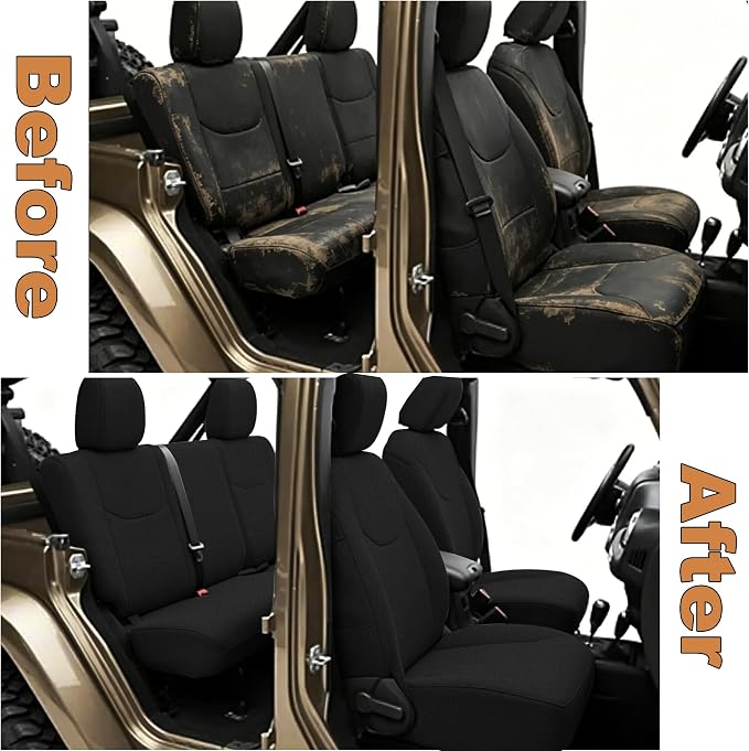 Custom Seat Covers for Wrangler JK 2013 2014 2015 2016 2017 2018 4 Door Heavy Duty Cloth Protector Interior Accessories，Waterproof & Machine Washable, Foam Padded - Black（Front & Rear）