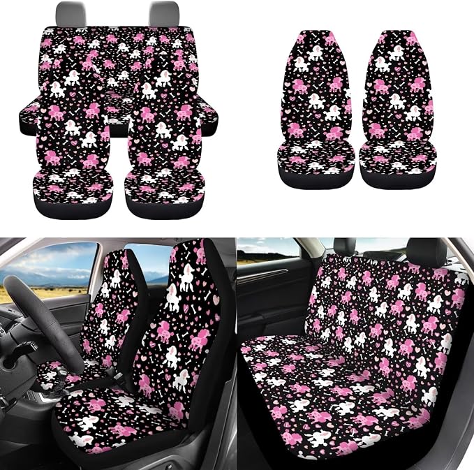 Pink Poodle Dog Car Seat Covers 12 Pack Set Universal Fit Auto Steering Wheel Cover Seat Belt Keys RingAbsorbent Cup Holder Pads for SUV Truck Vehicle Interior Set Dog Lover Car Accessory