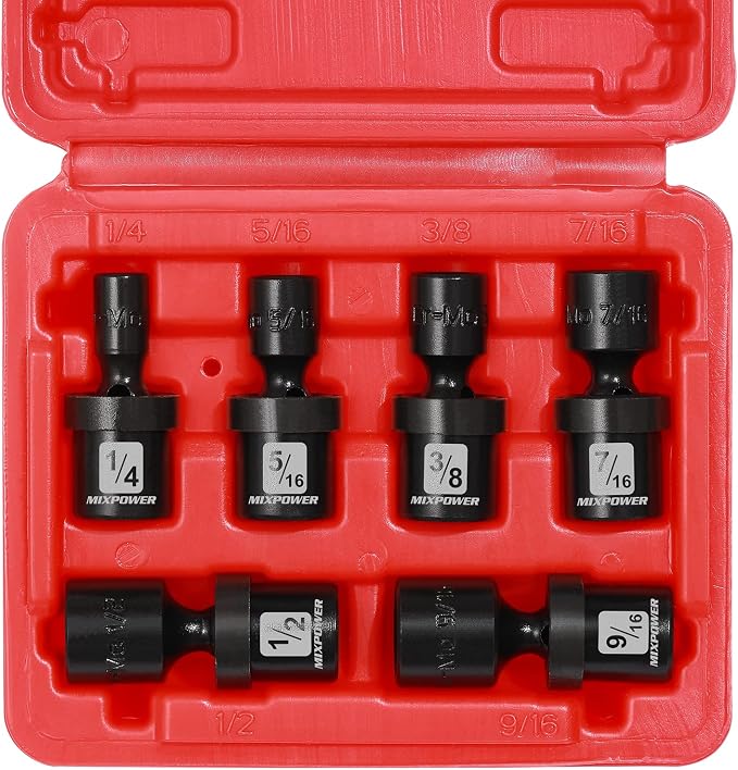 MIXPOWER 6PCS 1/4" Drive SAE Shallow Universal Impact Socket Set, 1/4" - 9/16", Swivel Socket with Flexible Wobble, CR-MO