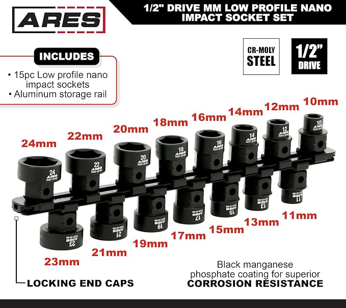 ARES 29020 – 15-Piece 1/2-Inch Drive Metric Low Profile Nano Impact Socket Set – Impact Grade Sockets Offer Greater Clearance Than Typical Shallow Sockets – Includes Aluminum Storage Rail