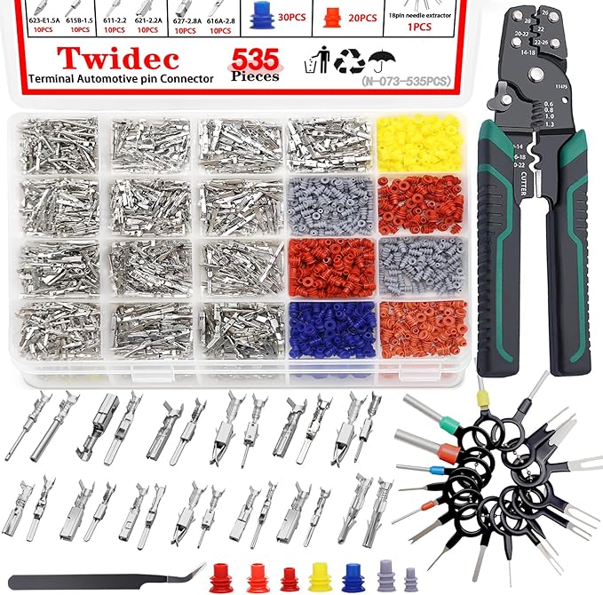 Twidec/535Pcs Car Electrical Wire Terminal Pins Connector Kit 1/1.5/1.8/2.2/2.8/3.5mm 26Type Male&Female Connectors Pin Terminal Auto Non-Insulated Plug Removal Crimp Pins with Wire Crimper Tool