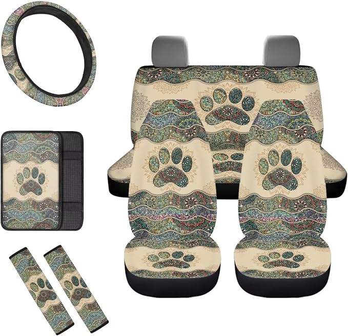 8 Pcs Boho Dog Paw Car Seat Covers Full Set Car Accessories for Women Front Seat Cover Steering Wheel Armrest Cover Seat Belt Cover for Auto SUV Interior Decoration