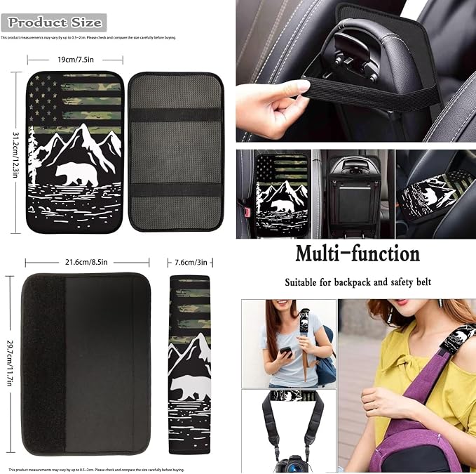 Dreaweet Car Seat Covers Full Set American Flag Mountains Bear Design Seat Covers for Truck SUV Cars with Steering Wheel Cover/Armrest Cover/Seatbelt Covers/Car Coasters/Gear Shift Cover,12 Pcs Set