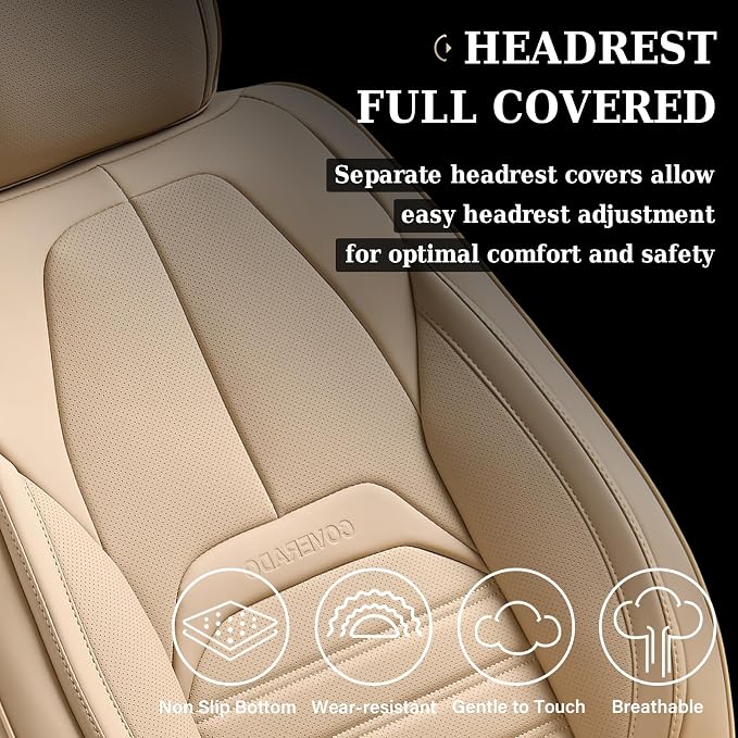 Coverado Car Seat Covers Full Set, Beige Waterproof Nappa Leather Seat Cushion & Seat Protector, Universal Automotive Seat Covers for Front and Rear Seats, Compatible with Most Cars SUV Trucks