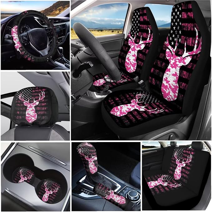 KEIAHUAN Camo Deer Hunting Car Seat Cover Set of 11 Pieces with Handbrake and Gear Shift Knob Cover,Steering Wheel Cover,Cup Coasters Auto Interior Accessories for SUV,Sedan,Truck,Van, Pink