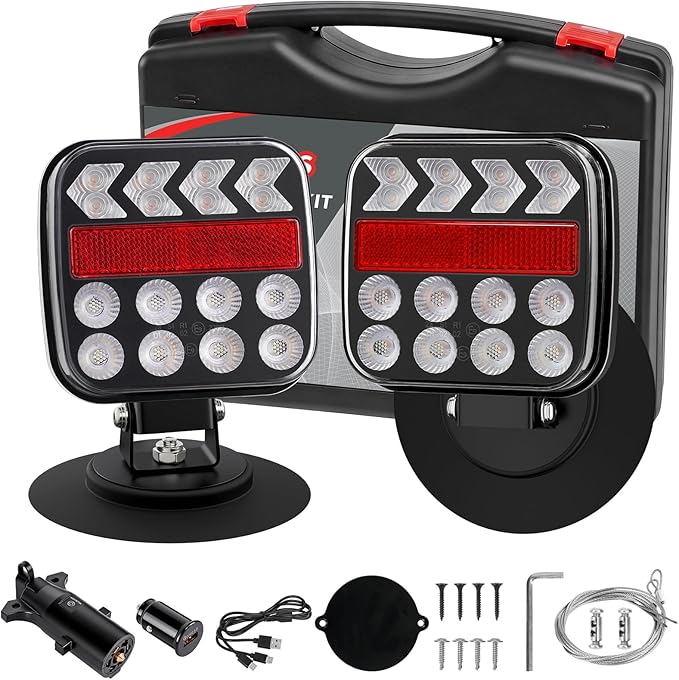 Wireless Trailer Lights Kit, Rechargeable Magnetic Trailer Lights, Portable LED Tow Lights for Trucks, Boats, RVs, Vehicle, Caravan