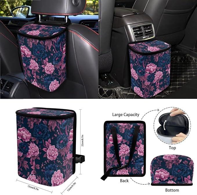 Peony Floral Pattern Car Accessories Set of 15 Bucket Seat and Rear Bench Cover Steering Wheel Cushion Seatbelt Pad Trash Bin Rearview Mirror Cover Keychain Air Outlet Bag Cup Holders
