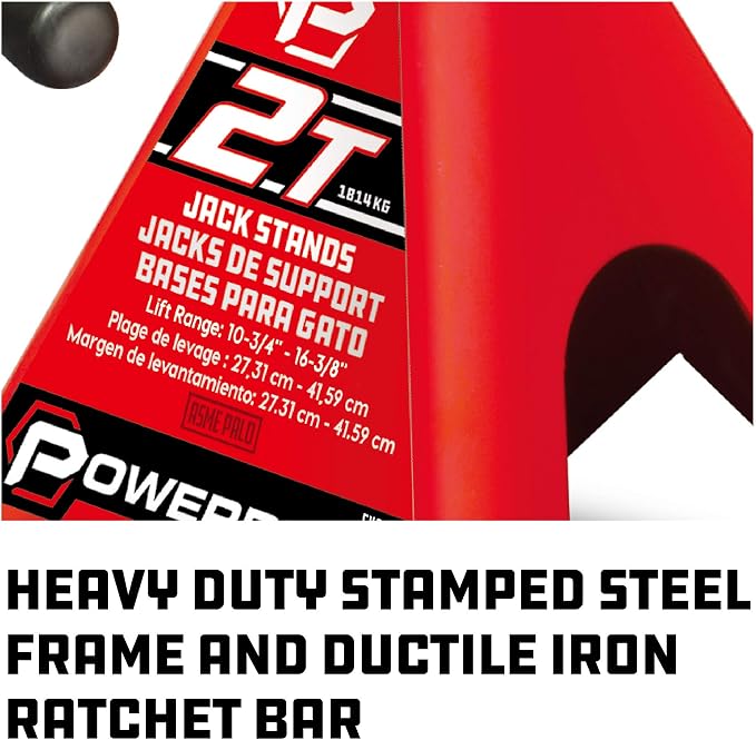 Powerbuilt 2 Ton Ratchet Jack Stand Pair, 4000 Pound 2-Piece Heavy Duty Steel Stands, Wide Angle Stability, Adjustable Height - Red 640399