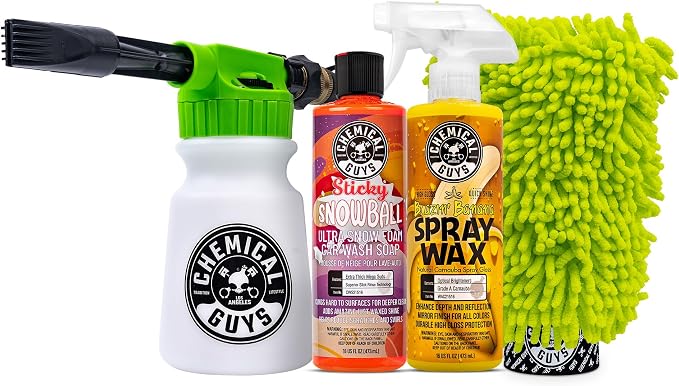 Chemical Guys TORQ Foam Blaster Wash & Wax Kit with Wash Mitt, Sticky Snowball Snow Foam Car Wash Soap, Blazin' Banana Spray Wax, & Chenille Premium Wash Mitt (4 Items, 32 Fl oz)