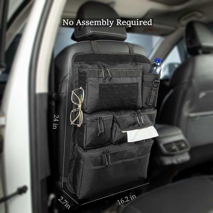6 Pack Tactical Molle Car Seat Back Organizer - Tactical Vehicle Panel Organizer with 5 Detachable Molle Pouch,US Flag Patch and Keychain,Car Backseat Organizer,Great Trunk Accessories for Man