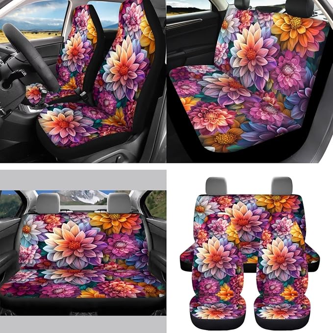 15Pcs Boho Blossoms Car Seat Cover Full Set for Women with Car Steering Wheel Cover Seat Belt Cover Trash Bin Front Rear View Mirror Car Cup Holder Keychain