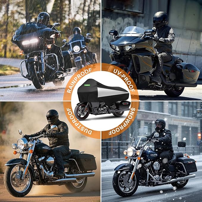 Motorcycle Half Cover with Elastic Hook and Reflective Strip Waterproof Dustproof Sunproof at All Seasons Suitable for Touring Models Road King Street Glide Road Glide and More (Black&Silver)