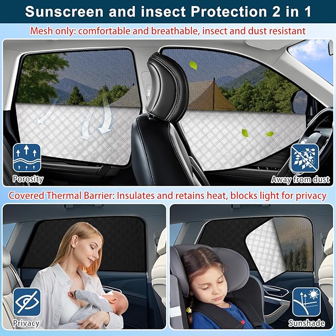 XCBYT Car Window Shades for 2019-2024 Wrangler | 2-in-1 Breathable Mesh & Blackout Side Window Covers | UV Protection & Privacy for Baby Naps, Camping & Car Rest (4 PCS)
