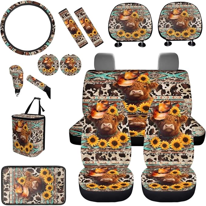 BIGCARJOB Highland Cow Tribal Print Car Seat Covers Set 15 Pieces Seat Headrest Cover Universal Steering Wheel Cover Highland Cow Car Trash Can Hanging Auto Interior Accessories Set