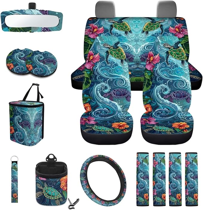 Hibiscus Turtle Printed Car Seat Cover Set 15 PCS, with Steering Wheel Cover Seat Belt Pad Garbage Bag Air Vent Pocket Rearview Mirror Cover for SUV Trucks Vans Sedans
