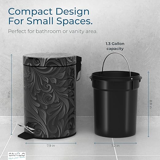 Sanilo Small Bathroom Trash Can with Lid [1.3 Gallon] - Lidded Tiny Trashcan for Garbage - Mini Metal Bin with Soft Closing Mechanism - Bath Room Accessoire Wastebin with Inner Bucket (Floral)