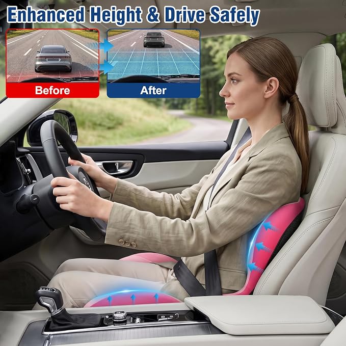 Car Seat Cushion with Lumbar Support Pillow, Memory Foam Office Chair Cushion for Back Pain Sciatica Pain Relief, Ergonomic L-Shaped Seat Cushion for Car Truck Driving Office Chair Home (Pink)