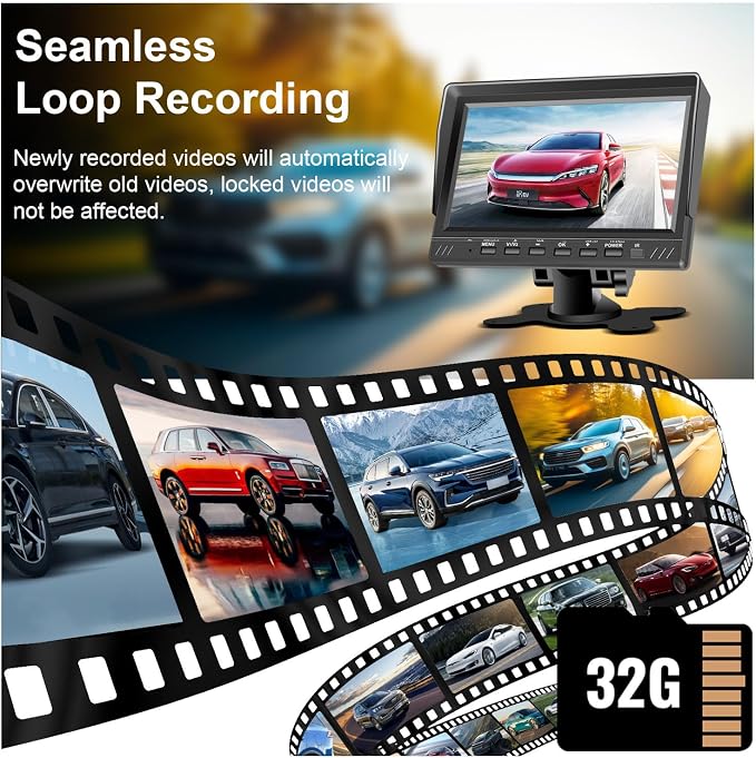 Dual Backup Camera 7" Split Monitor with 32G SD Card Kit, AHD 2 Channels Split Screen with 32G Recording, Reversing Camera IP69 Waterproof Front & Rear View Camera for Truck Trailer Semi-Trailer Box