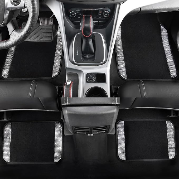 CAR PASS Diamond Bling Leather Seat Covers Set Car Floor Mats Glitter Rhinestone Steering Wheel and Car Interior Accessory Set for Women Silver