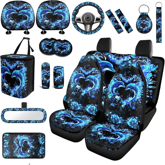 Neon Dolphin Car Seat Covers Full Sets of 18 Pack Blue Dolphin Car Interior Accessories Set with Soft Car Seat Belt Pads Cover Car Headrest Covers Steering Wheel Car Covers Coasters Washable