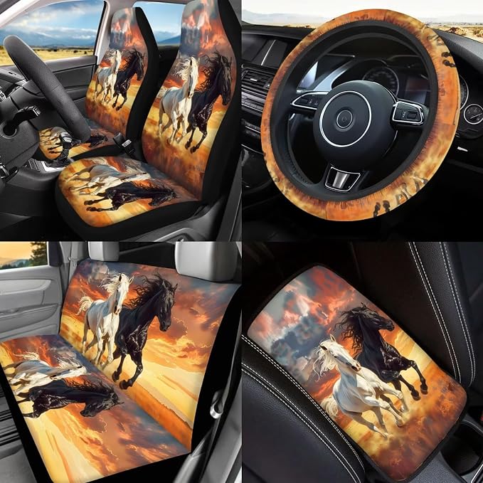 Horse Car Seat Covers Full Set of 17 Pack,Beach Car Aaccessories with Auto Seat Head Rest Protector,Animal Car Trash Can,Center Console Cover,Cup Holder Coasters,Universal Fit Most Car