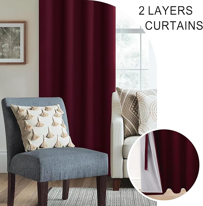 XWZO 100% Blackout Curtains with Tiebacks- 2 Thick Layers Completely Shaded Window Treatment Thermal Insulated Lined Drapes with Grommets for Bedroom/Patio Door, Burgundy, W42 x L84, Set of 2 Panels