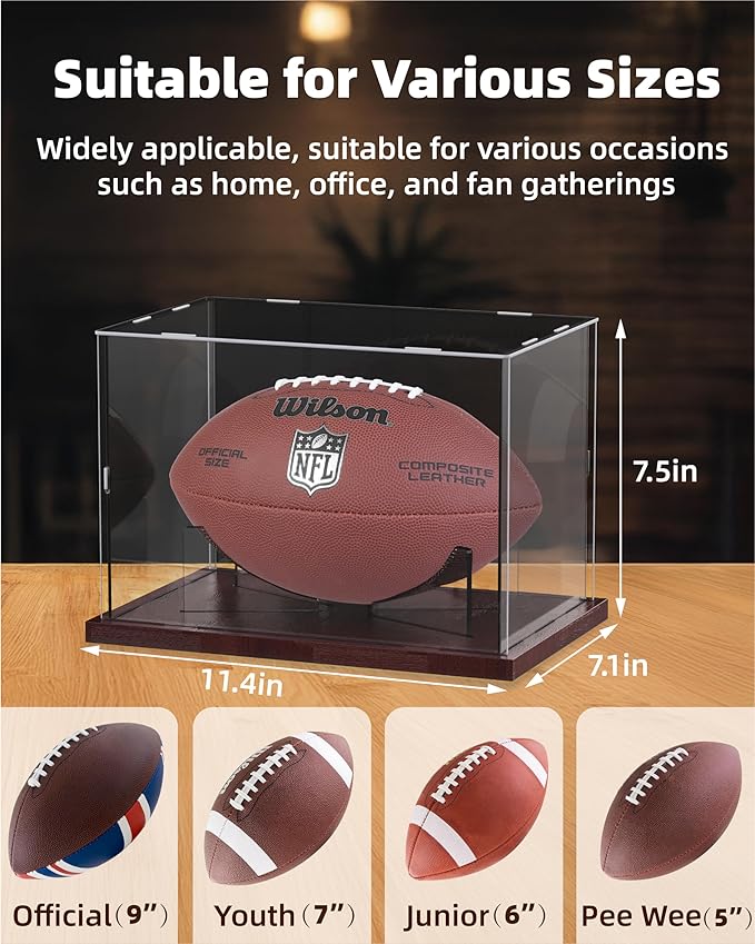 Fitense Football Display Case Acrylic Clear, Football Stand Holder Full Size with Solid Wood Base, UV Protected Football Display Box with Removable for Football Fans & Collectors, Memorabilia & Gift