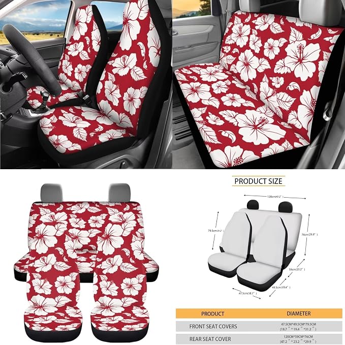 Dreaweet Car Seat Covers Full Set for Women Red Hibiscus Flowers Car Accessories Seat Cover with Steering Wheel Cover Seat Belt Pad Coasters Garbage Bag Air Vent Pouch Rear View Mirror Cover Keychain