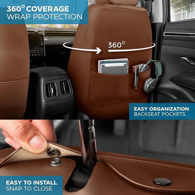 MotorBox Creekstone Series – PU Leather Seat Covers for Cars, Creekstone Series Cross-Stitch Edition Front Seat Covers, Diamond Stitched PU Leatherette Brown Car Seat Covers for Cars Trucks SUVs
