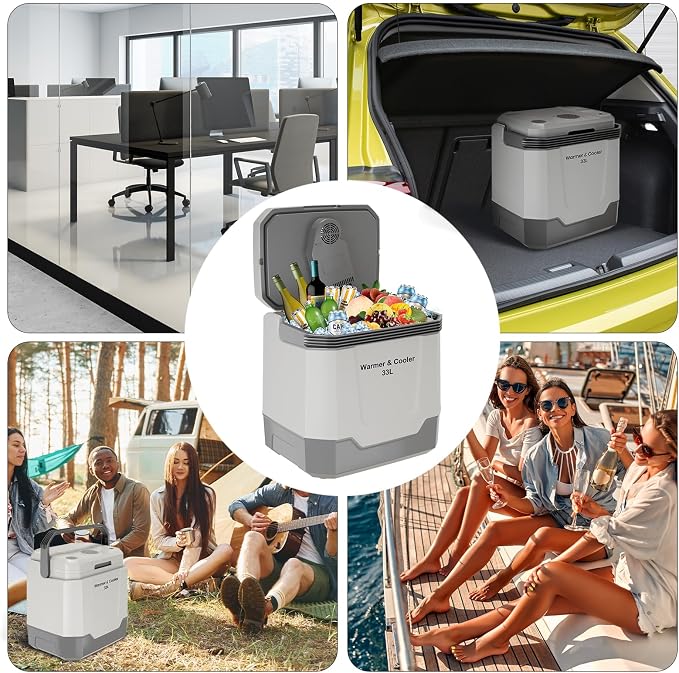 Garvee 35 Quart (33 l) Electric Cooler & Warmer, Portable Car Refrigerator with Automatic Locking Handle, 12V Car Cooler for Vehicle & Trucks, 110V AC Home Power Cord, Plug in Coolers, Grey