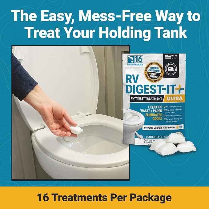 Unique RV Digest-It Ultra RV Tank Treatment Pods – 16 Treatments, Breaks Down Waste & Toilet Paper + Eliminates Odors at Source, RV Black Tank Treatment (Packaging May Vary)