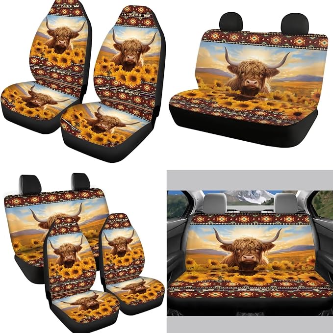 Highland Cow Sunflowers Car Seat Covers 12Pcs Highland Cow Auto Seat Protection Accessories Full Set with 15Inch Steering Wheel Covers Seatbelt Pad Keychain Coaster Armrest Pads
