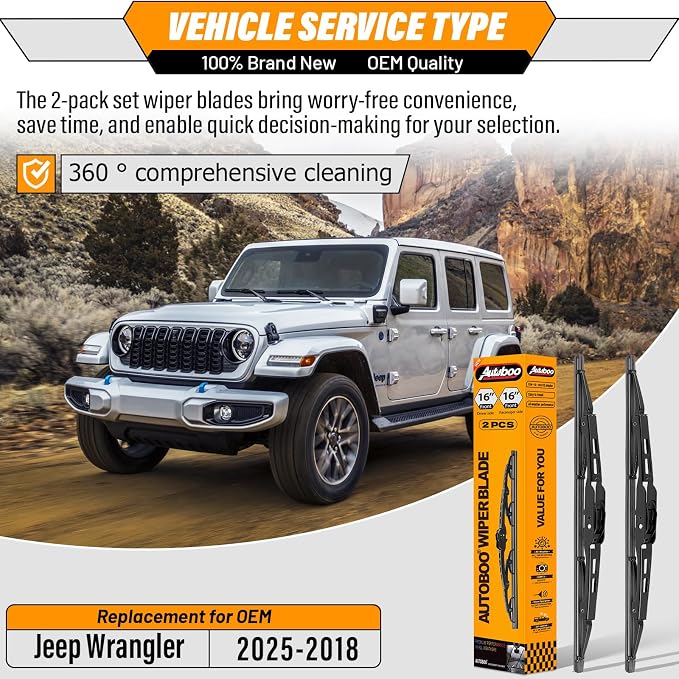 AUTOBOO 16"+16" Wiper Blades Replacement for Jeep Wrangler JL Front Windshield wipers 2025-2018- Original Factory Quality (Pack of 2)