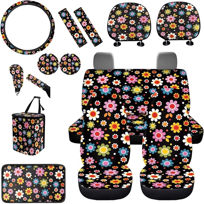 BIGCARJOB 15 Pcs Stylish Daisy Car Interior Sets for Women Car Seat Cover Vehicle Bucket Seat Cover Full Set Trash Can Car Seat Headrest Pillow Cover Seat Belt Pads