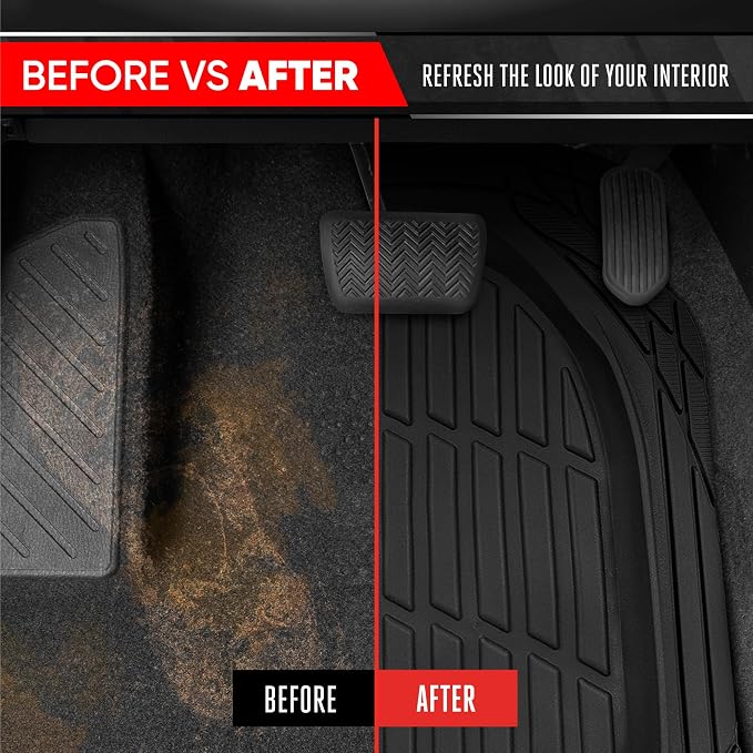 Motor Trend FlexTough Contour Liners Deep Dish 3 pc Rubber Floor Mats & Trimmable Trunk Liner Cargo Mat - Heavy Duty All Weather Protection Car Mats with Traction Grips Car Accessories (Black)