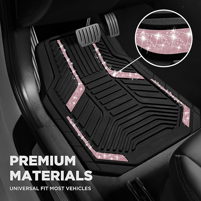 PIC AUTO Car Floor Mats, Pink Sparkly Crystal Bling Glitter Car Mats Set, Front and Rear Heavy Duty Rubber Car Mats with Anti-Slip Backing, All Weather, Trim-to-Fit for SUVs, Trucks, Sedan, Vans