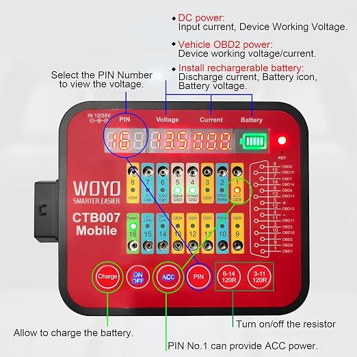 ECU Circuit Board Testing Tool on Bench, WOYO CTB007 Mobile with Built-in Resistor, OBD2 Diagnostic Tool, Digital Voltage of 16 PINs, Automotive CAN Tester Box, Support DC and Battery Power