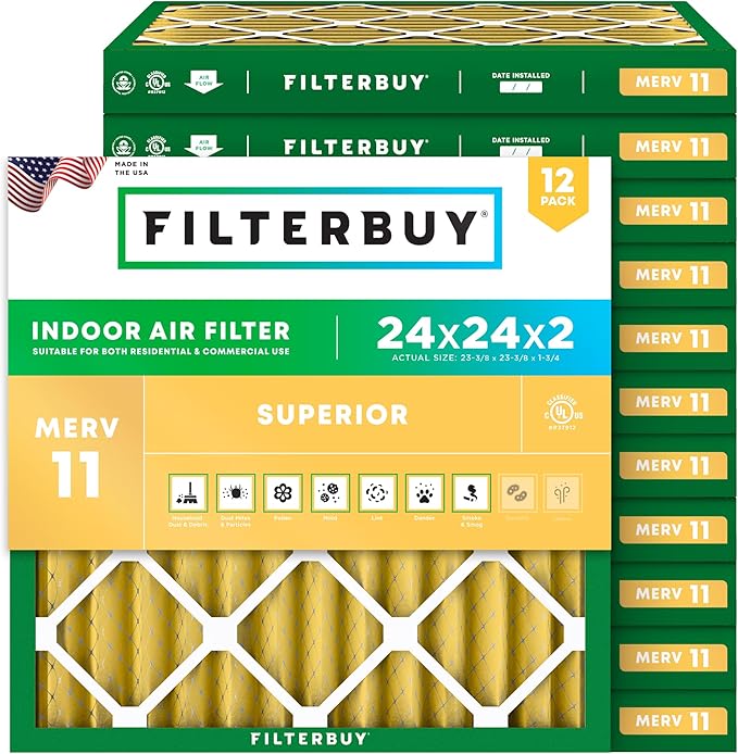 Filterbuy 24x24x2 Air Filter MERV 11 Superior Pet & Allergy Defense (12-Pack), Electrostatic Pleated HVAC AC Furnace Filters Replacement (Actual Size: 23.38 x 23.38 x 1.75)