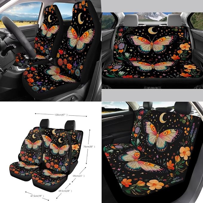 Flower Butterfly Moon Car Seat Cover Full Set 15 PCS, with Steering Wheel Cover Seat Belt Pad Garbage Bag Air Vent Bag Rearview Mirror Cover Coaster Key Chain Universal Fit for SUV