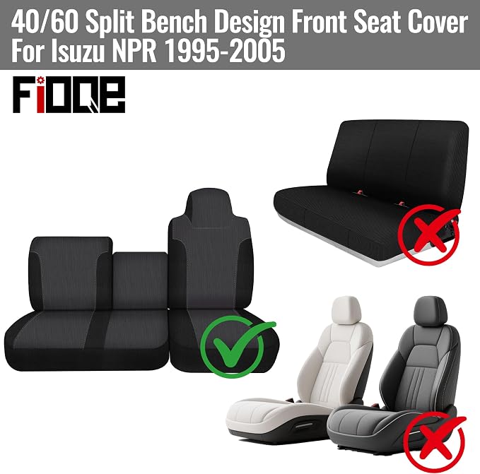 40/60 Split Bench Design Front Seat Cover for Isuzu NPR 1995-2005, Knitted Fabric with Soft Foam Lining, Breathable Seat Protector-Balck