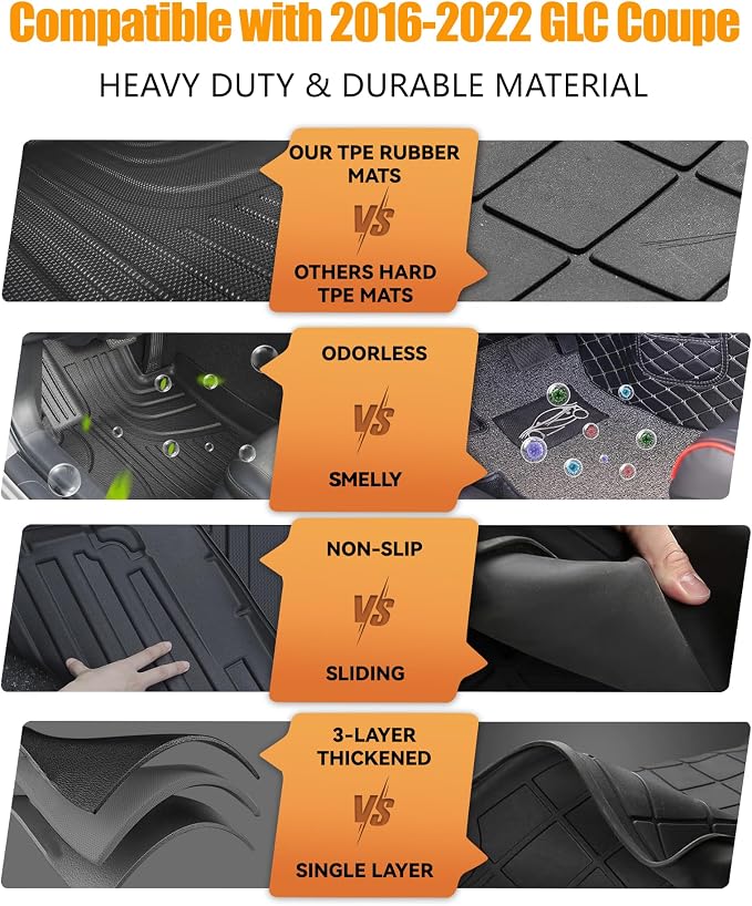 Floor Mats for Mercedes-Benz GLC 300 Coupe 2016-2022 | Custom Fit All Weather Rubber Floor Liners & Cargo Liner Set, Black (Only for Coupe)