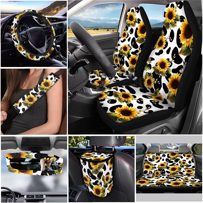 Sunflower Cow Print 12 Pack Car Decor Accessories Car Seat Covers Full Set Car Steering Wheel Cover Auto Seat Belt Cover Car Trash Can Rear View Mirror Cover Easy to Install