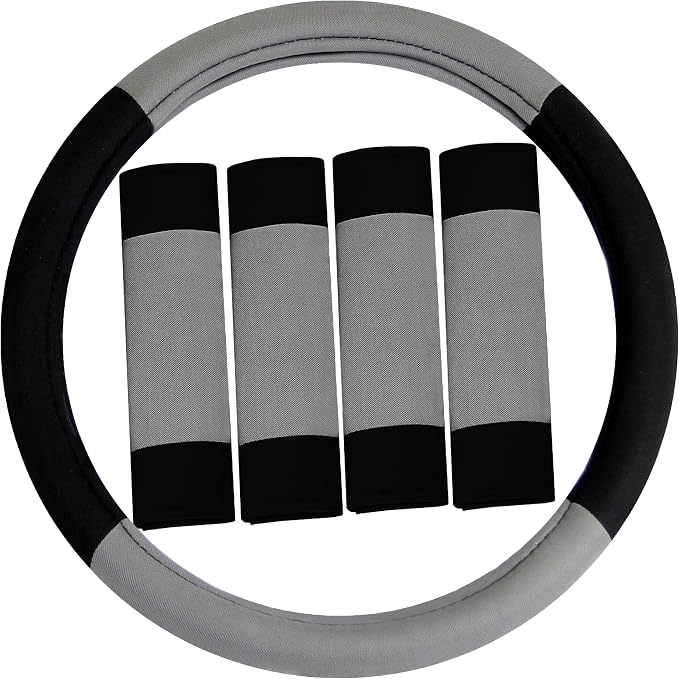 FH Group Automotive Seat Covers Unique Flat Cloth Gray Full Set, Combo Steering Wheel Cover and Seat Belt Pads Rear Solid Bench Universal Fit for Vans Cars Trucks and SUV Interior Accessories